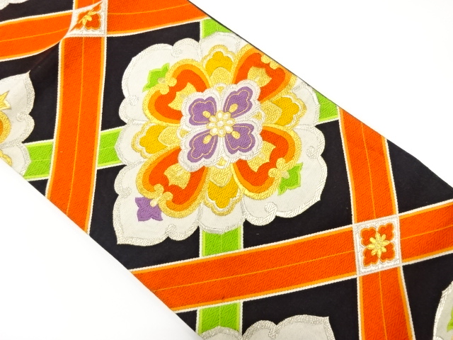 アンティーク　斜め格子に華紋織り出し袋帯（着用可）